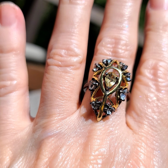Citrine & Topaz Sterling Rhodium & Gold Art Deco ring sz6.5 - Picture 10 of 15